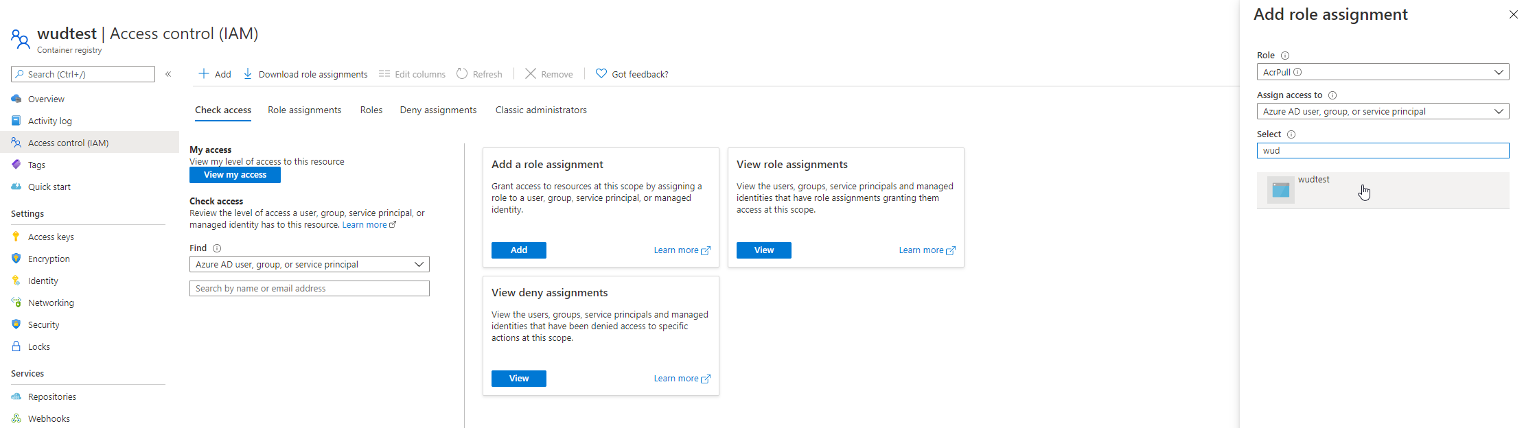 Azure portal add role assignment