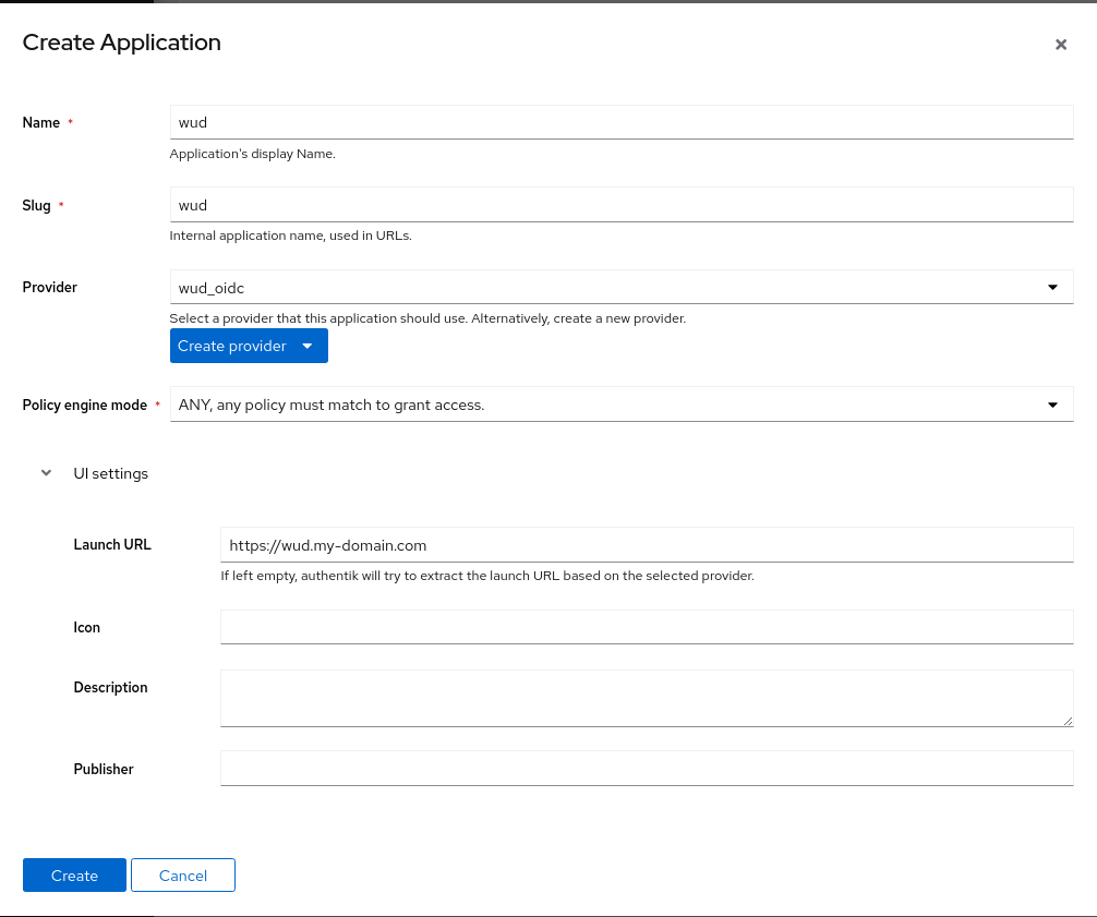 Authentik create application