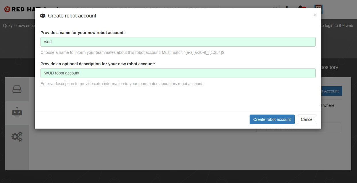 Quay.io create robot account